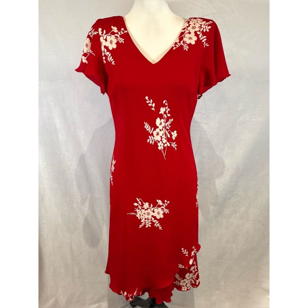 Vintage S.L. Fashions red and white floral flutter sleeve midi dress size 12